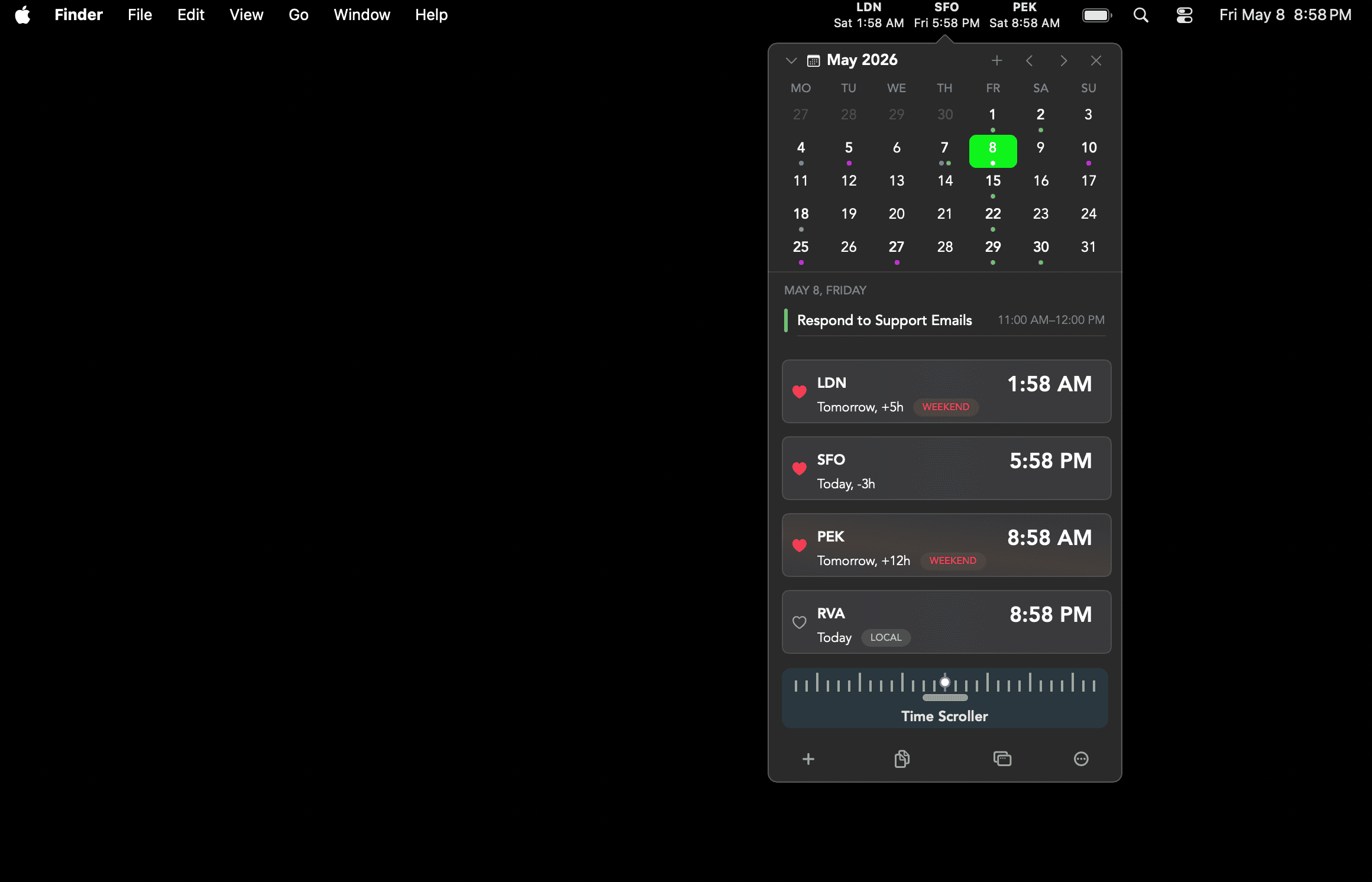 Clocker showing world times in the macOS menubar