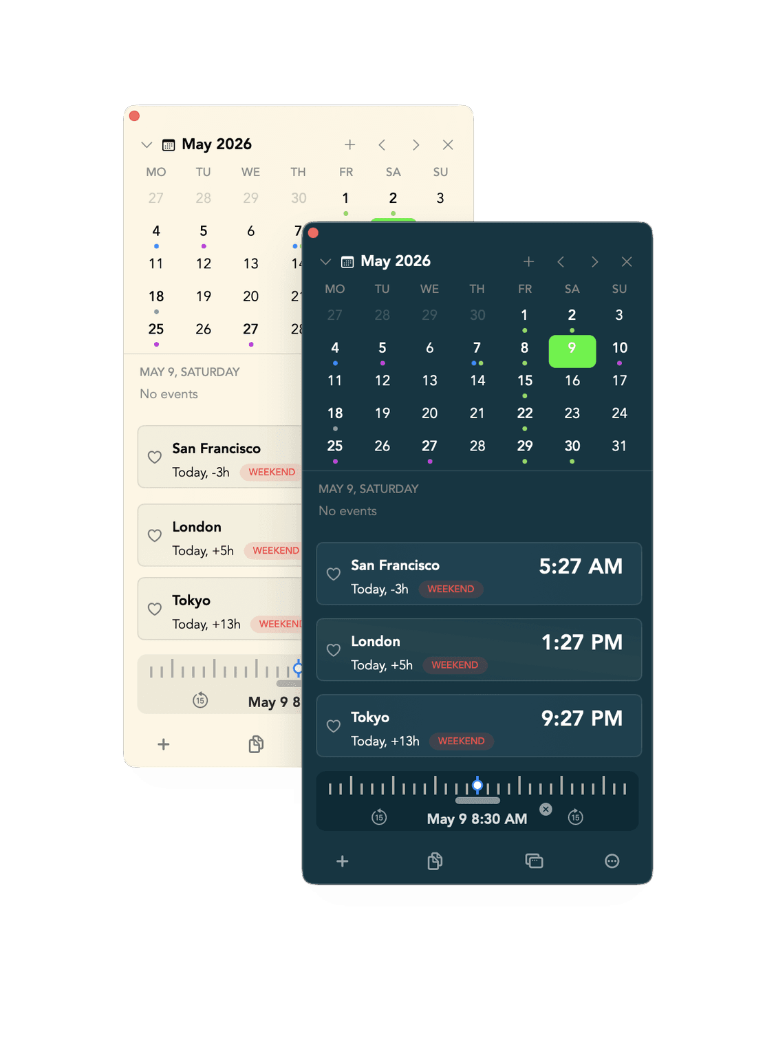 Clocker shown in light and dark themes